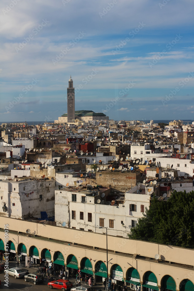 Top view of the rooftops of Casablanca and the Atlantic ocean.