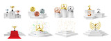 Winner podium, medal and cups. Trophies on illuminated podium for ceremony award, prizes on stair-steps pedestal, realistic vector set. Ceremony championship, pedestal winner award illustration