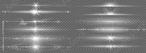 Glares lines effect. Horizontal optical lens flare light, night futuristic dusting glow strips, shining streaks, flash starlight vector set. Magic beam flare, bright lens glare horizontal illustration
