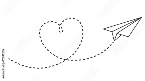 Paper plane with heart path. Flying airplane with dotted air route in heart, romantic or message valentine day card vector design. Love plane flight, airplane transport, airline travel illustration