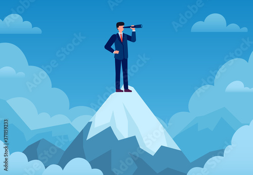 Business vision. Businessman on mountain peak with telescope looking new idea, business startup, visionary forecast, success vector concept. Businessman vision in telescope, success peak illustration