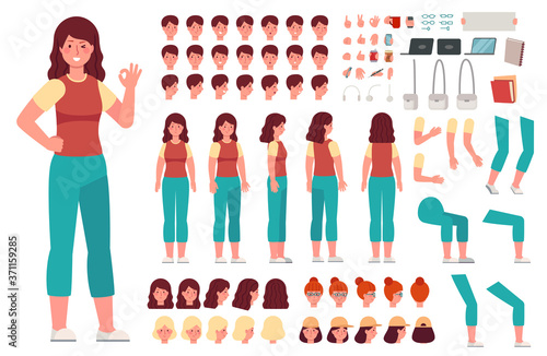Cartoon female character kit. Woman animation body parts. Girl constructor with hand gestures and various heads vector set. Body do-it-yourself girl, cartoon set generator and creation illustration