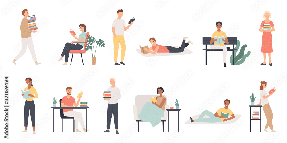 Readers. Book lover men and women read in library, world book day. Students preparing for examination, educational cartoon vector characters. Reading student literature, study reader illustration