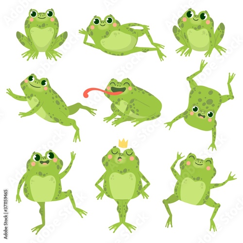 Cute frogs. Green funny frogs in various poses, happy animals group. Smiling active toads, zoo carnivore cartoon vector characters. Cartoon amphibian happy, animal princess toad illustration