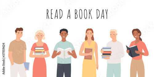 Read a book day. People standing with books, young men and women read books cultural festival world book day education hobby vector concept. Person with book, reading and standing illustration