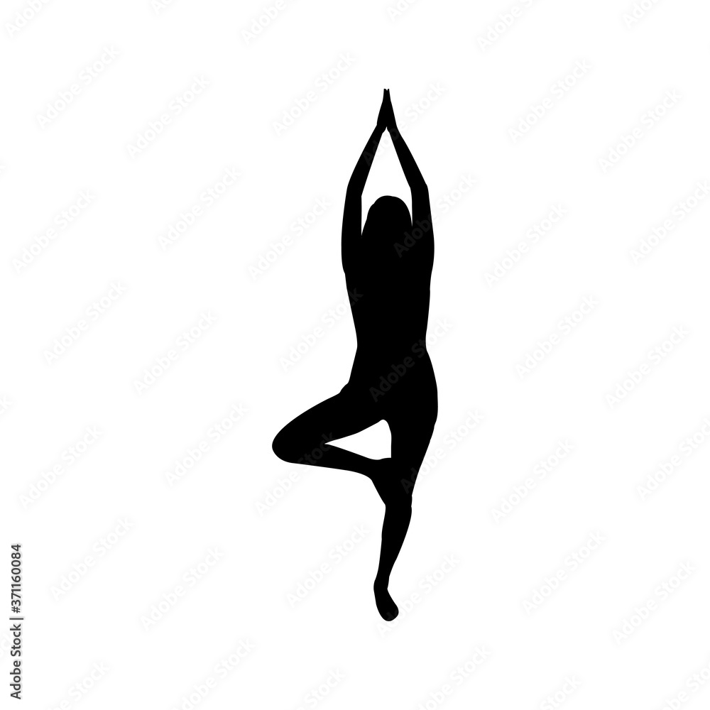 Silueta de mujer practicando la posición del árbol de yoga en color negro