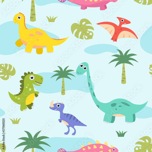 Vector kids cartoon dinosaurs seamless pattern. Illustration for textile and texture design