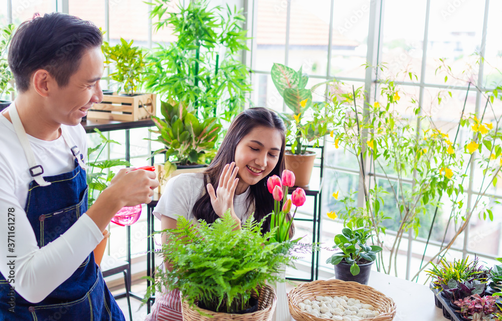 Obraz premium asia handsome man and beautiful woman taking care of her potted plants at home
