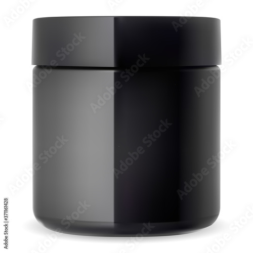 Black cosmetic jar. Cream container glossy mockup