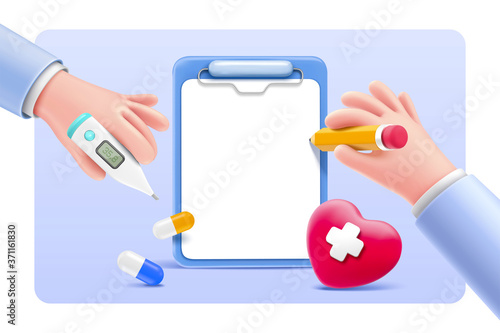 Cartoon hands with medical items