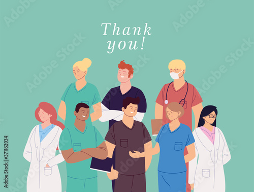 women and men doctors with uniforms and thank you text vector design