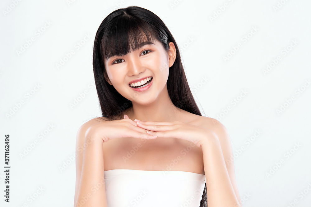 Beautiful Young asian Woman with Clean Fresh Skin, on white background, Face care, Facial treatment, Cosmetology, beauty and spa, Asian women portrait Beautiful Young asian Woman with Clean Fresh Skin, on white background, Face care, Facial treatment, Cosmetology, beauty and spa, Asian women portrait