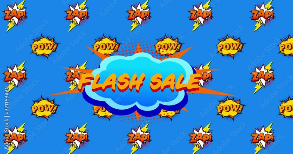 Flash sale, pow and zap text on speech bubble against blue background Flash sale, pow and zap text on speech bubble against blue background