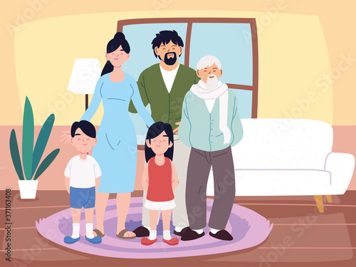 Mother father daughter and son with grandfather cartoons in home room vector design © djvstock