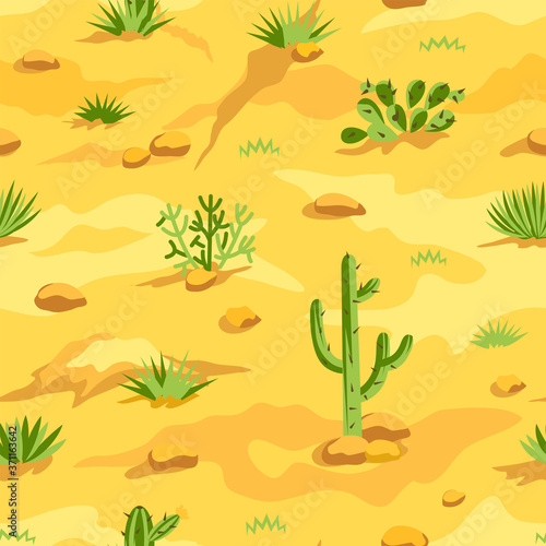 Desert landscape seamless pattern. Western cartoon background with cactuses, herbs, sand dunes and stones