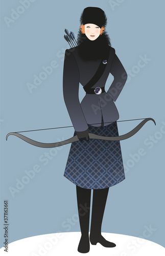 Beautiful girl dressed in winter sportswear as a hunter from the 20s or 30s, carrying a bow and arrows.