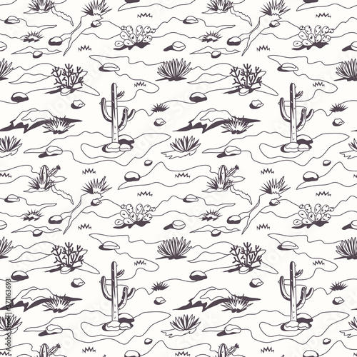 Western cartoon dessert landscape seamless pattern with cactuses, herbs, sand dunes and stones. Detailed colored page background. Black + white
