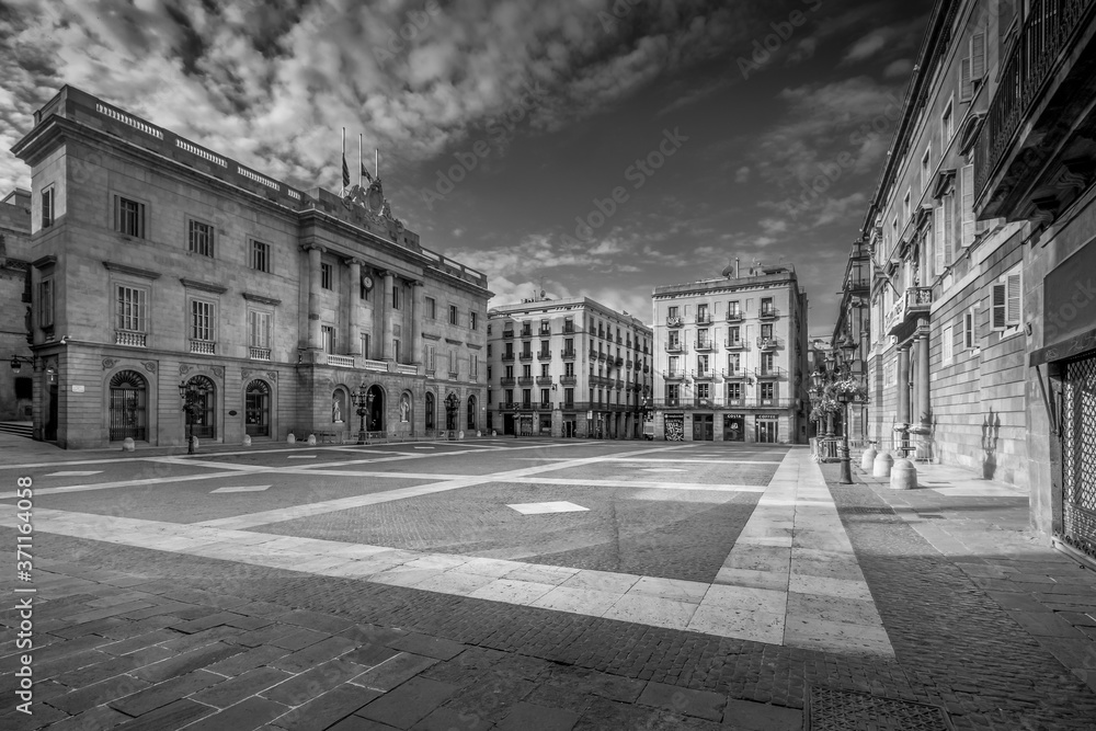 Streets of Barcelona. Sant Jaume Square. in black and white. fine art