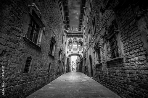 Streets of Barcelona. Bisbe street. in black and white. fine art photo