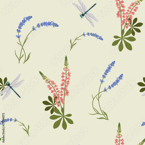 Seamless vector illustration with lavender, lupine and dragonfly.