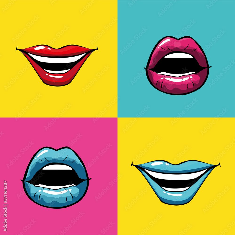 female pop art mouths and eyes inside frames vector design