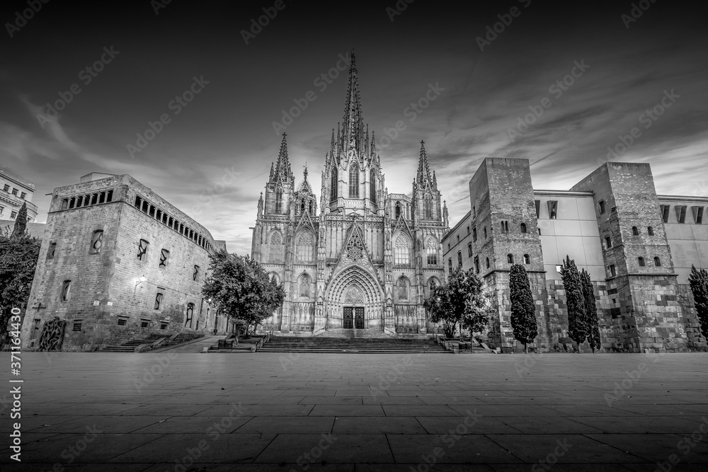 Streets of Barcelona. Cathedral of the city. in black and white. fine art