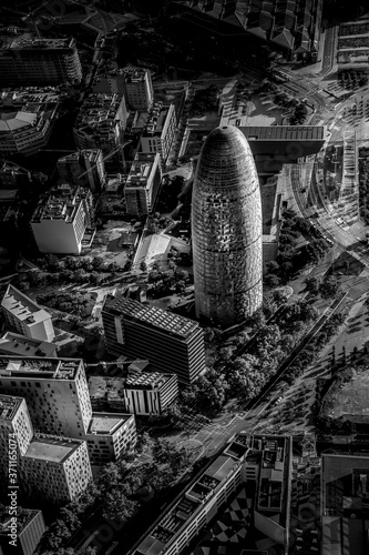 Photography Aerial view of Barcelona cityscape from helicopter