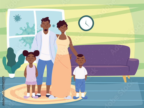 black mother father daughter and son cartoons in home room vector design