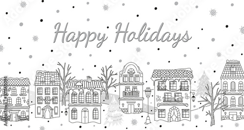 Christmas card with houses and snowfall. Winter urban landscape in black and white colors. Holiday design for real estate business 