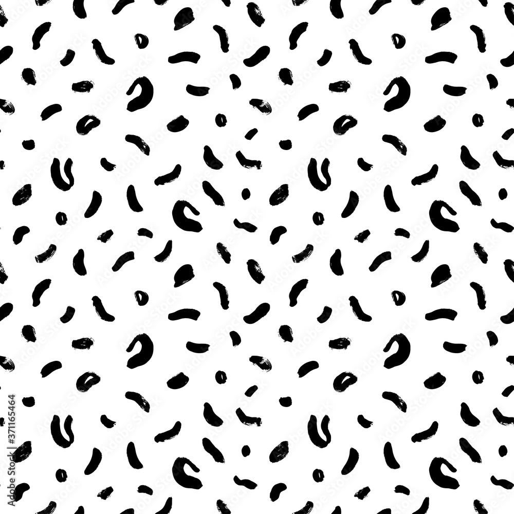 Geometric vector seamless pattern in Memphis style. Grunge brush stroke shapes, circles and short lines. Polka dot pattern. Hand drawn ink illustration. Hipster black paint geometric background. 