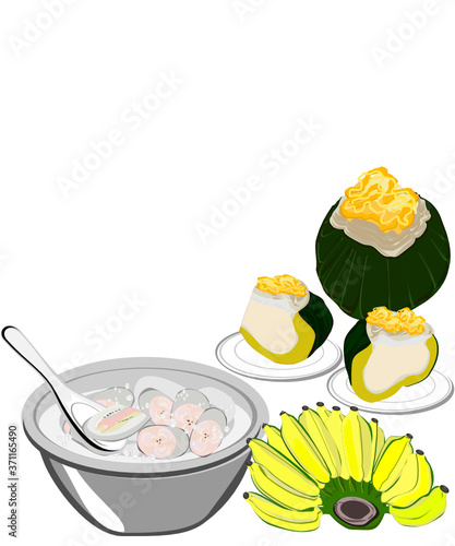steamed pumpkin with egg custard (srikaya),Banana Cooked in Coconut Milk (Kluay Buat Chi) And white background Vector illustration Thai food dessert