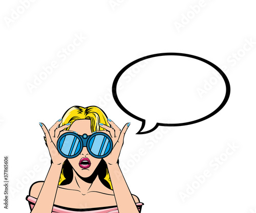 retro blond woman cartoon with binoculars and bubble vector design