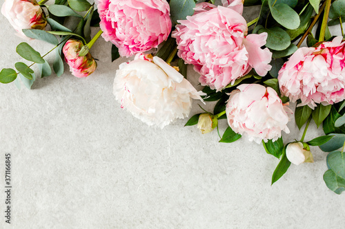 Fototapeta Naklejka Na Ścianę i Meble -  Beautiful pink peony flowers on gray stone table with copy space for your text. Flat style, top view