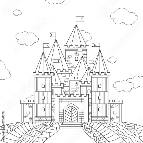 Line drawn fantasy castle with simple stone pattern. Towers with flags and small windows, sky, field, clouds. Illustration on white isolated background. For coloring book pages.