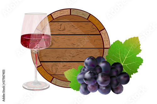 Barrel, wine and grapes isolated on white background. Wooden wine keg, red dry wine glass and blue bunch grape for label, banner, poster, logo or emblem design. Winery signboard. Stock vector