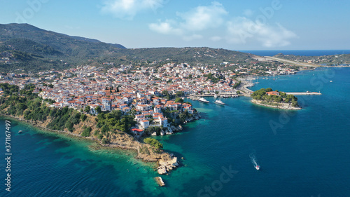 Aerial drone photo of picturesque small beach of Plakes in main village of Skiathos island  Sporades  Greece