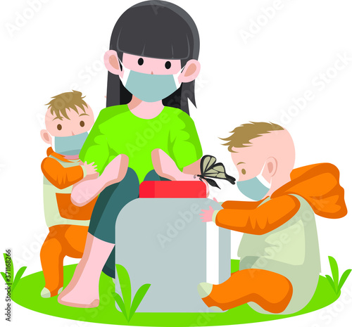 Sister playing together with her twin little brothers at yard while using medical mask