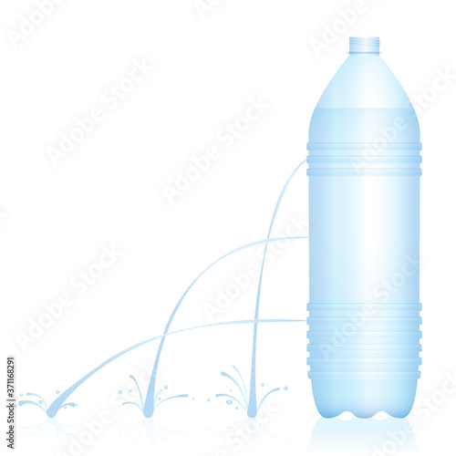 Plastic bottle with different water jets - weak, medium and strong stream. Physical experiment concerning fluid dynamics - Torricellis law, Bernoullis principle. Vector on white.
