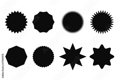 Starburst sticker set for promo sale. Vector badge shape design - star and roundburst tag, price offer promotion