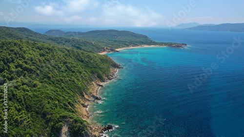 Aerial drone photo of paradise twin beaches of Mandraki and Elia in island of Skiathos island  Sporades  Greece