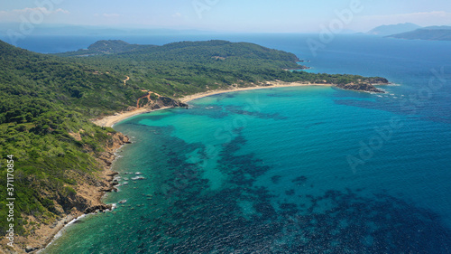 Fototapeta Naklejka Na Ścianę i Meble -  Aerial drone photo of paradise twin beaches of Mandraki and Elia in island of Skiathos island, Sporades, Greece