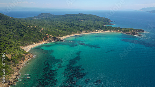 Fototapeta Naklejka Na Ścianę i Meble -  Aerial drone photo of paradise twin beaches of Mandraki and Elia in island of Skiathos island, Sporades, Greece