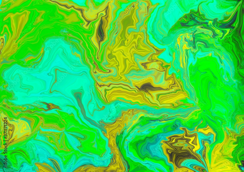Green blue and yellow glowing marble abstract background design. Concept: illustration, colorful