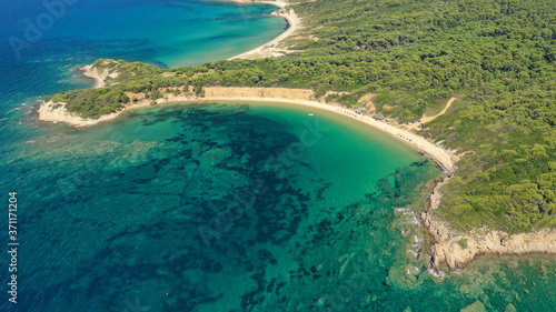 Aerial drone photo of paradise twin beaches of Mandraki and Elia in island of Skiathos island, Sporades, Greece © aerial-drone