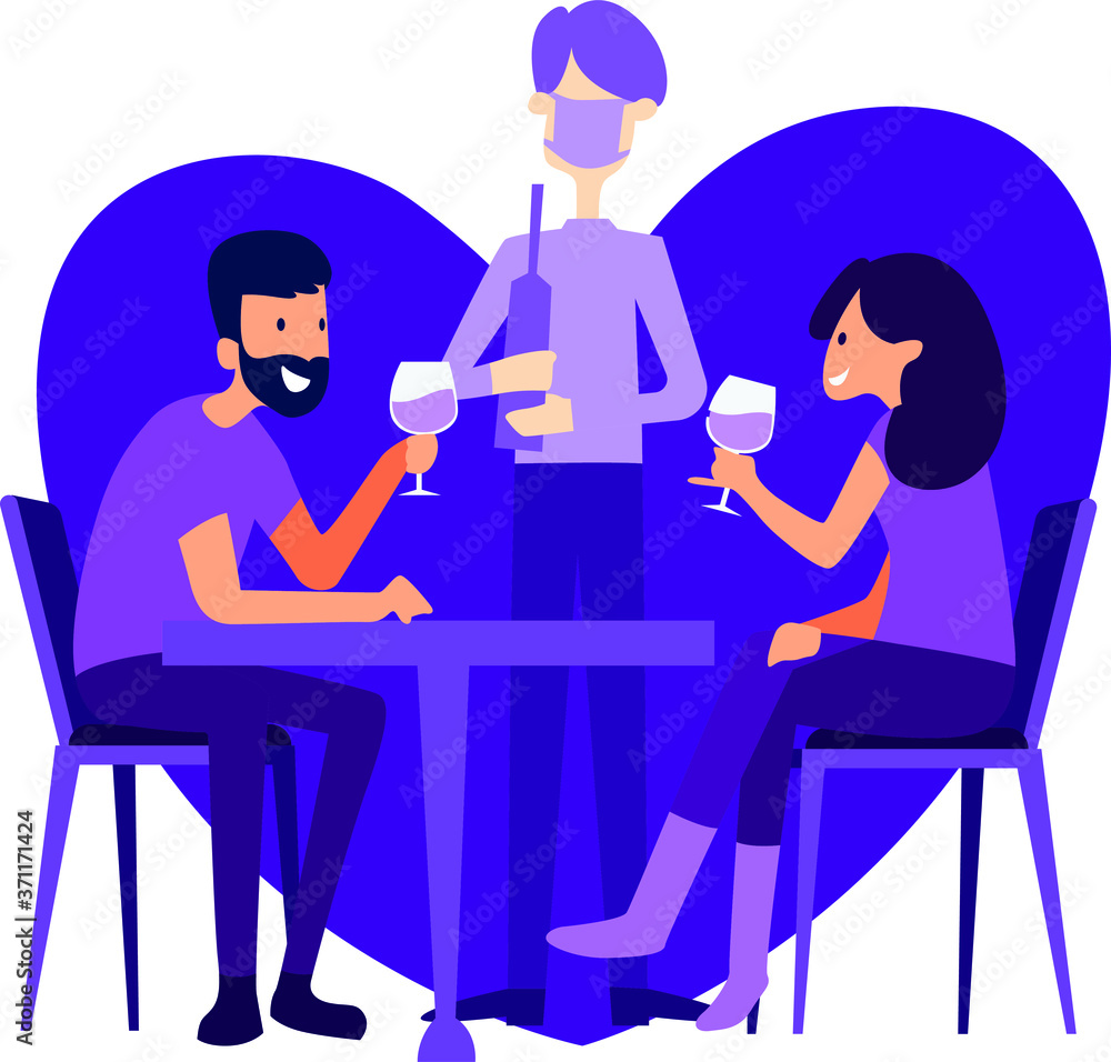 Butler with medical mask serving wine for dinner dating couple at restaurant Butler with medical mask serving wine for dinner dating couple at restaurant