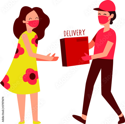 Deliveryman giving a package to the woman recipient while using medical mask