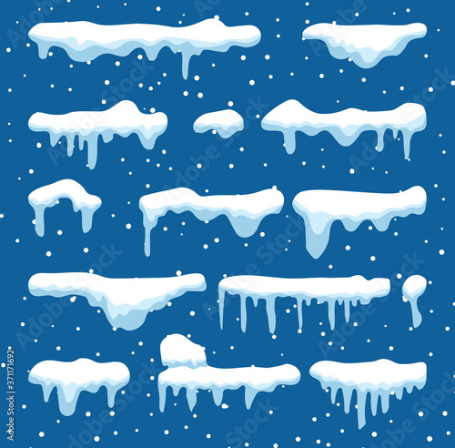 Set of cartoon snow design element on blue background