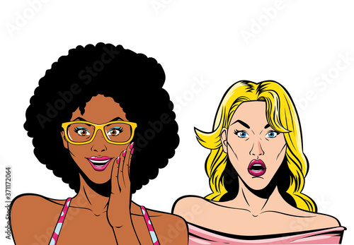 retro blond and afro women cartoons vector design