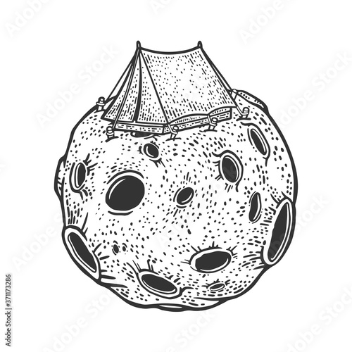 tourist tent on moon sketch engraving vector illustration. T-shirt apparel print design. Scratch board imitation. Black and white hand drawn image.