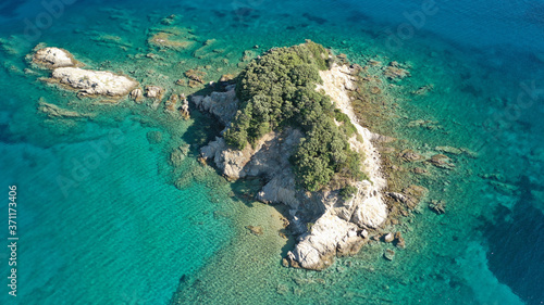 Aerial drone photo of amazing sandy beach of Troulos in island of Skiathos, Sporades, Greece